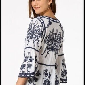 Indigo Poppy Chic Embroidered Women's Blouse in Navy and White